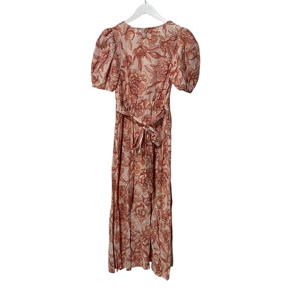 CECE WOMENS SIZE SMALL FLORAL PUFF SLEEVE BELTED LINEN BLEND MAXI DRESS PINK NEW - Picture 5 of 13